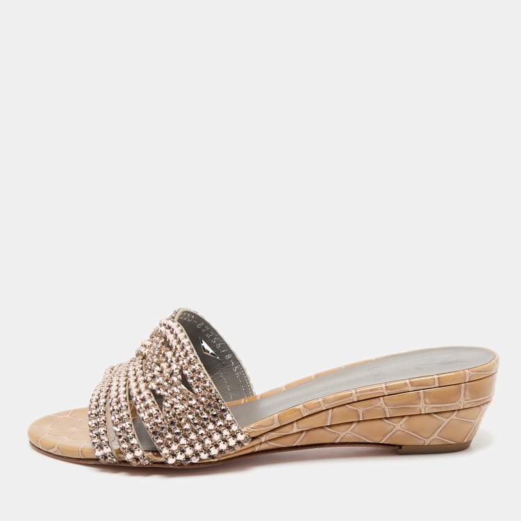 Pre Owned Gina Beige Leather Crystal Embellished Daphne Slide Sandals Size 38.5