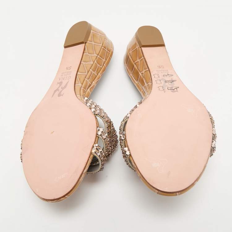 Pre Owned Gina Beige Leather Crystal Embellished Daphne Slide Sandals Size 38.5