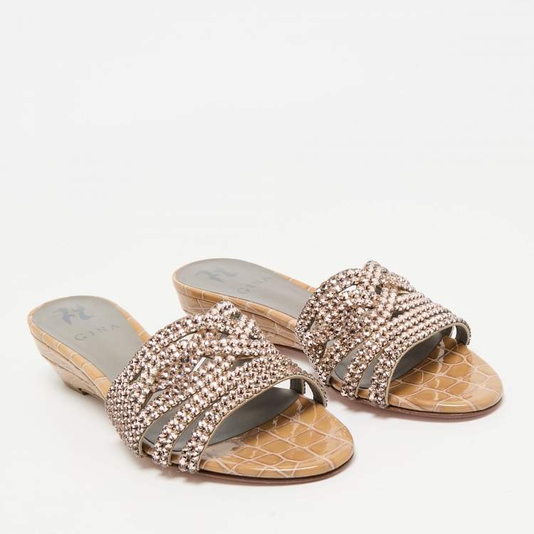 Pre Owned Gina Beige Leather Crystal Embellished Daphne Slide Sandals Size 38.5