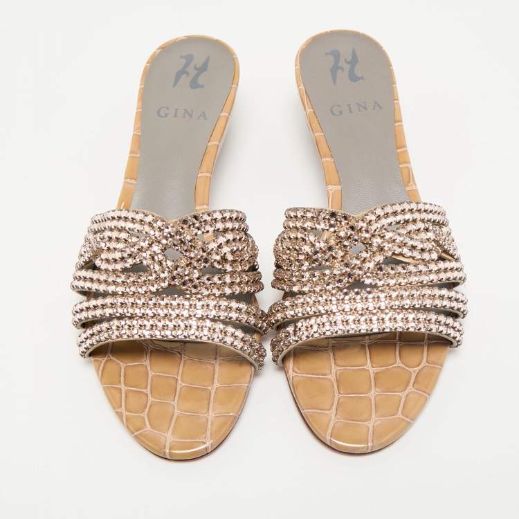 Pre Owned Gina Beige Leather Crystal Embellished Daphne Slide Sandals Size 38.5