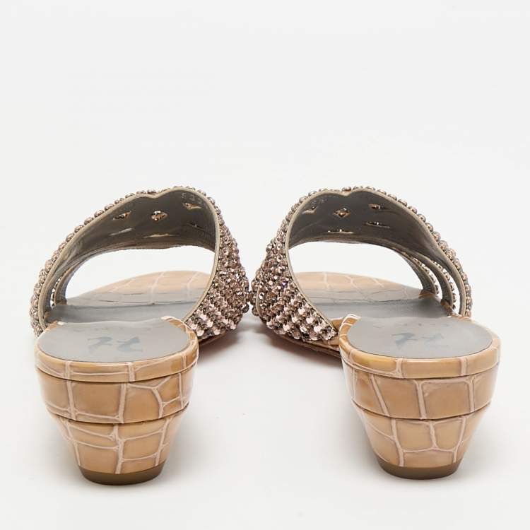 Pre Owned Gina Beige Leather Crystal Embellished Daphne Slide Sandals Size 38.5