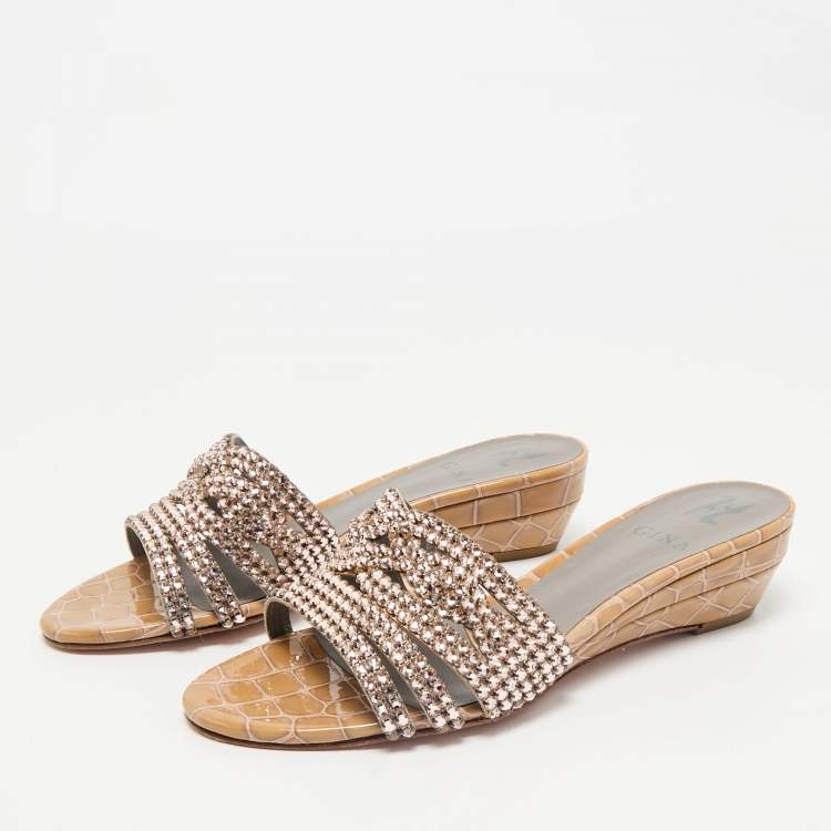 Pre Owned Gina Beige Leather Crystal Embellished Daphne Slide Sandals Size 38.5