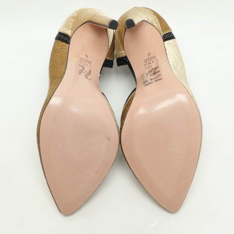 Pre Owned Gina Gold/Black Paisley Print Velvet Crystal Embellished D'orsay Pumps Size 39