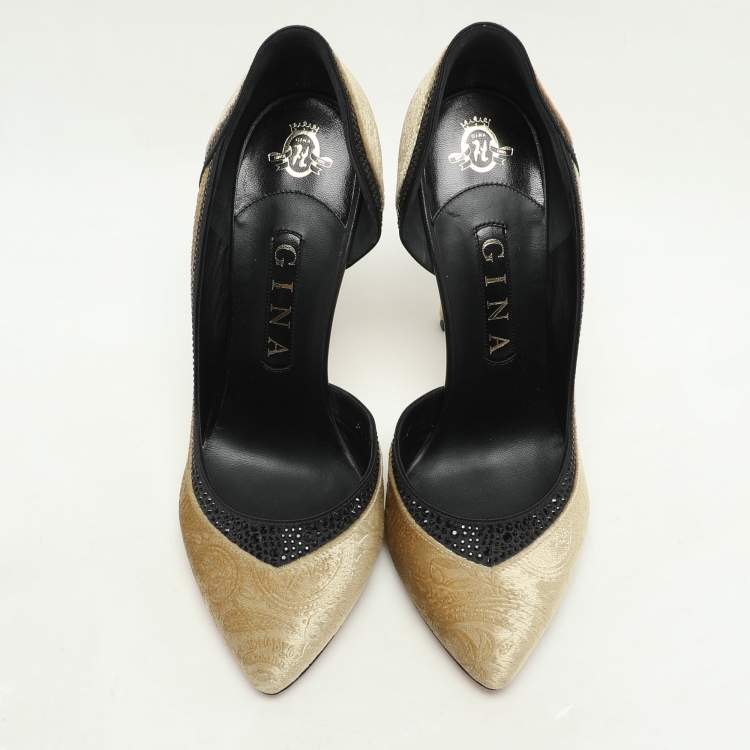 Pre Owned Gina Gold/Black Paisley Print Velvet Crystal Embellished D'orsay Pumps Size 39