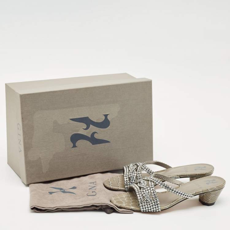 Pre Owned Gina Grey Leather Crystal Embellished Cerise Slide Sandals Size 38