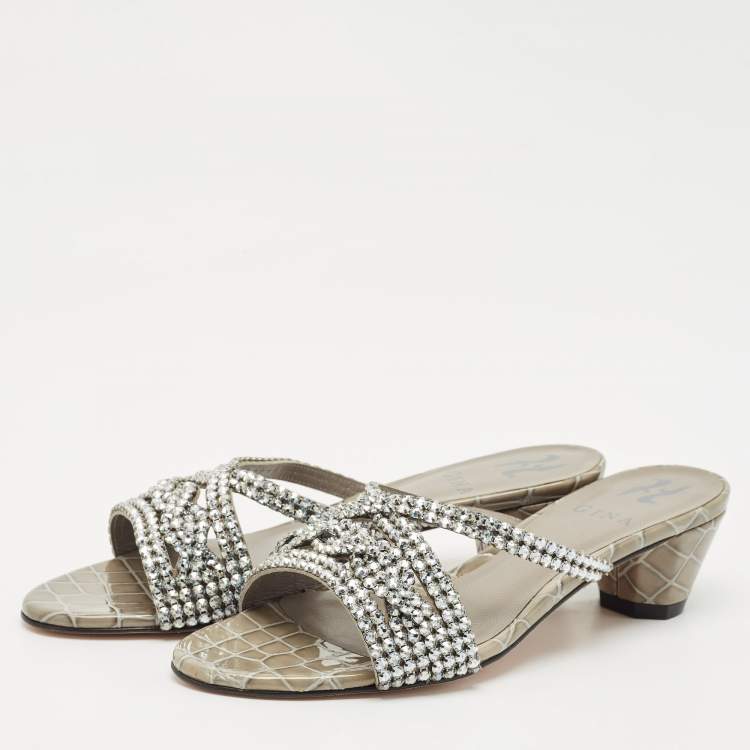 Pre Owned Gina Grey Leather Crystal Embellished Cerise Slide Sandals Size 38