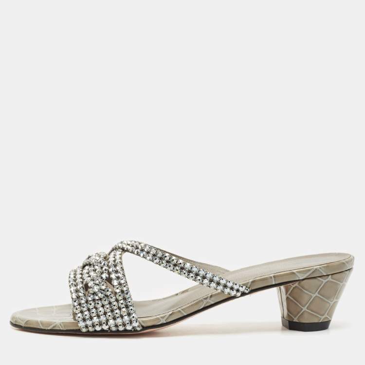 Pre Owned Gina Grey Leather Crystal Embellished Cerise Slide Sandals Size 38
