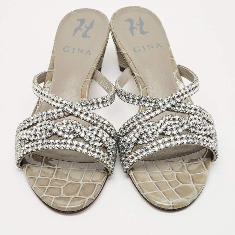 Pre Owned Gina Grey Leather Crystal Embellished Cerise Slide Sandals Size 38