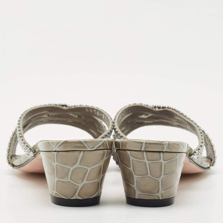 Pre Owned Gina Grey Leather Crystal Embellished Cerise Slide Sandals Size 38