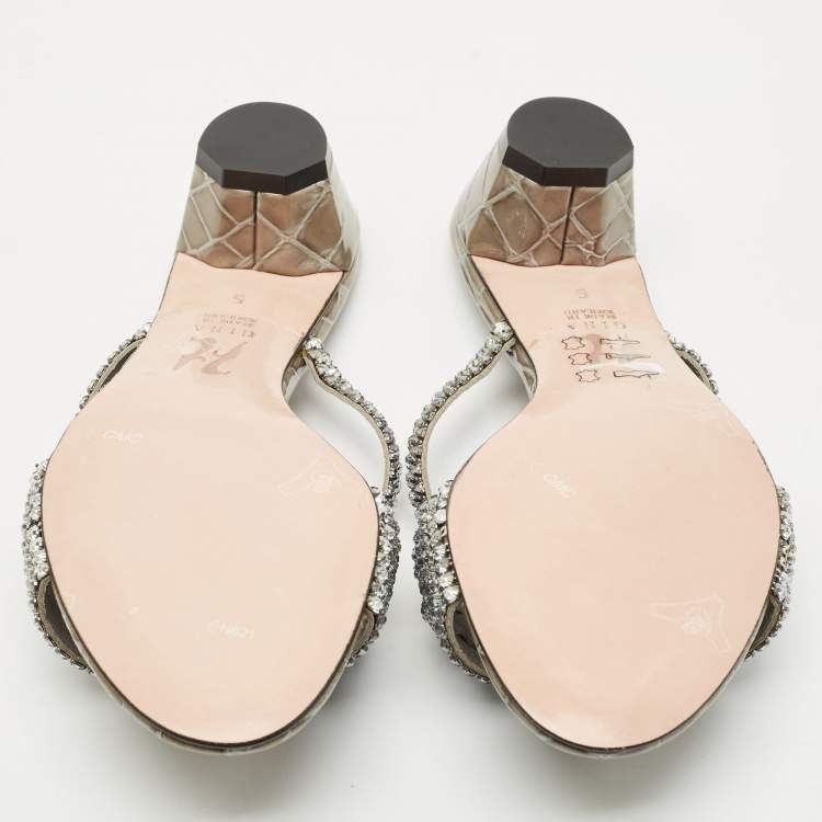 Pre Owned Gina Grey Leather Crystal Embellished Cerise Slide Sandals Size 38