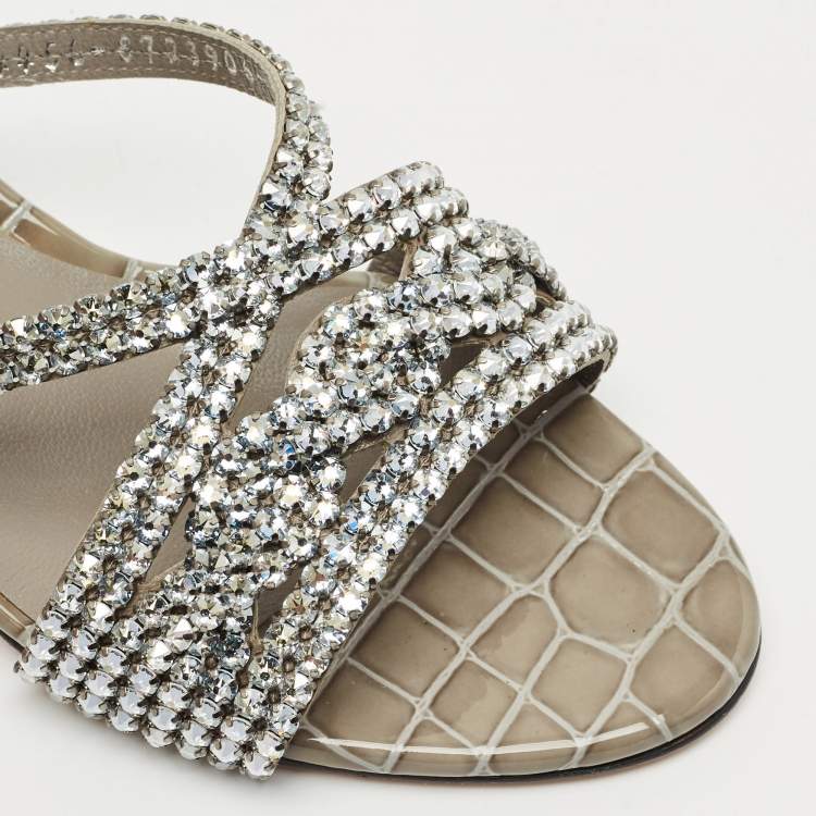 Pre Owned Gina Grey Leather Crystal Embellished Cerise Slide Sandals Size 38