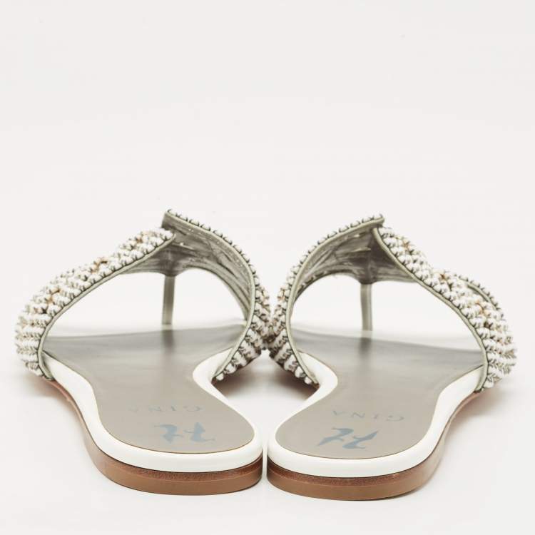 Pre Owned Gina White/Silver Leather Crystal Embellished Loren Flat Slides Size 39