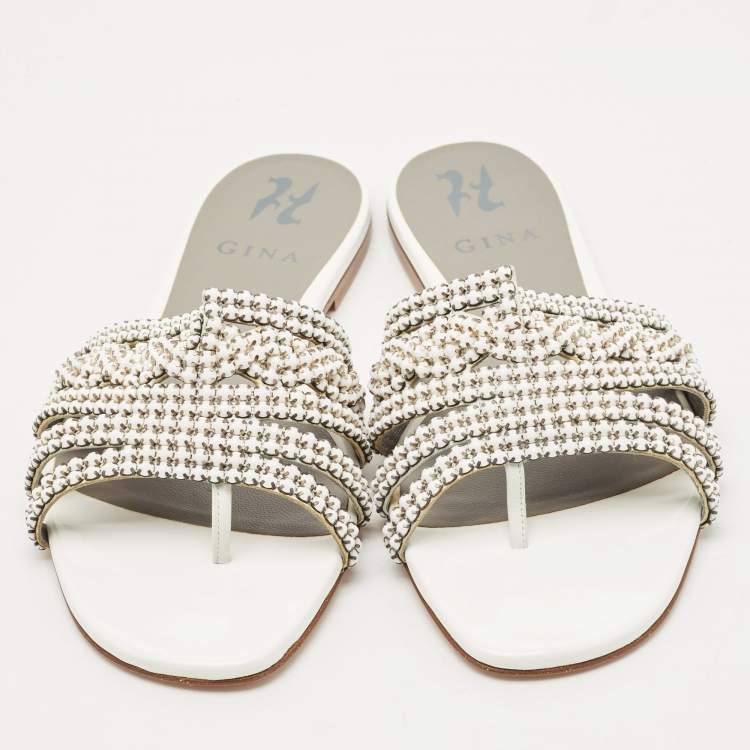 Pre Owned Gina White/Silver Leather Crystal Embellished Loren Flat Slides Size 39