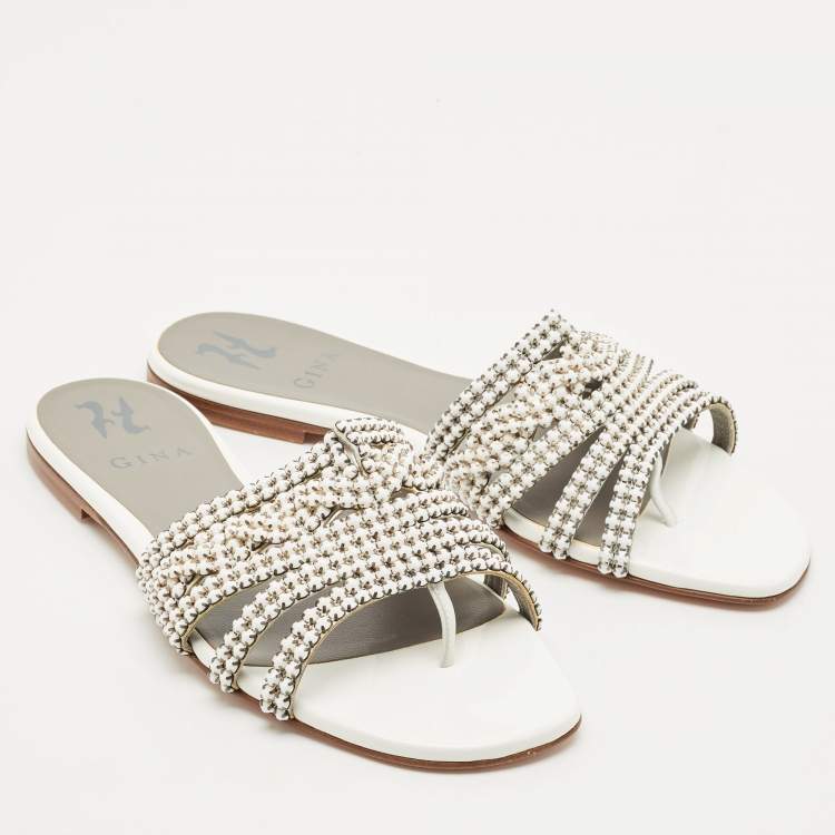 Pre Owned Gina White/Silver Leather Crystal Embellished Loren Flat Slides Size 39