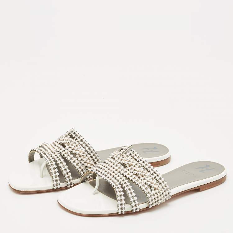 Pre Owned Gina White/Silver Leather Crystal Embellished Loren Flat Slides Size 39