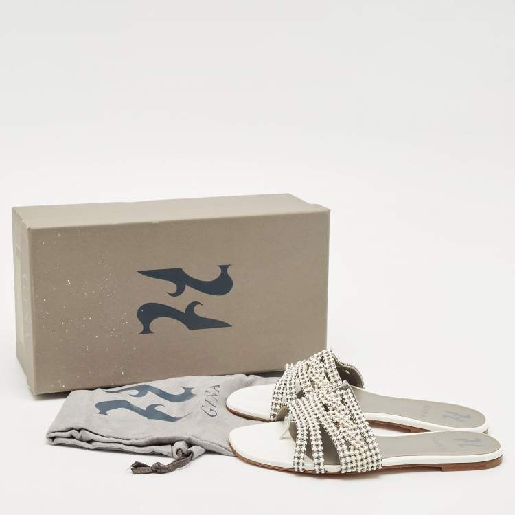 Pre Owned Gina White/Silver Leather Crystal Embellished Loren Flat Slides Size 39