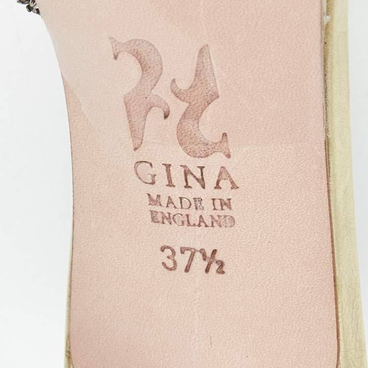 Pre Owned Gina Metallic Leather  Crystal Embellished Slide Sandals Size 37.5