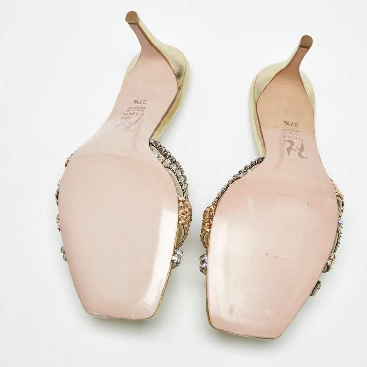 Pre Owned Gina Metallic Leather  Crystal Embellished Slide Sandals Size 37.5