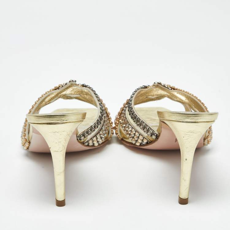 Pre Owned Gina Metallic Leather  Crystal Embellished Slide Sandals Size 37.5