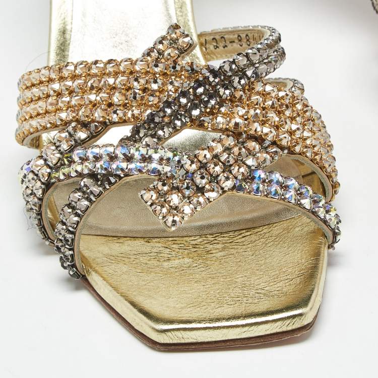 Pre Owned Gina Metallic Leather  Crystal Embellished Slide Sandals Size 37.5