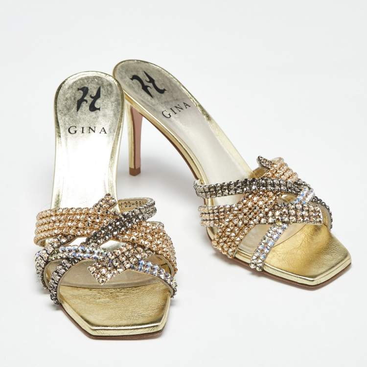 Pre Owned Gina Metallic Leather  Crystal Embellished Slide Sandals Size 37.5