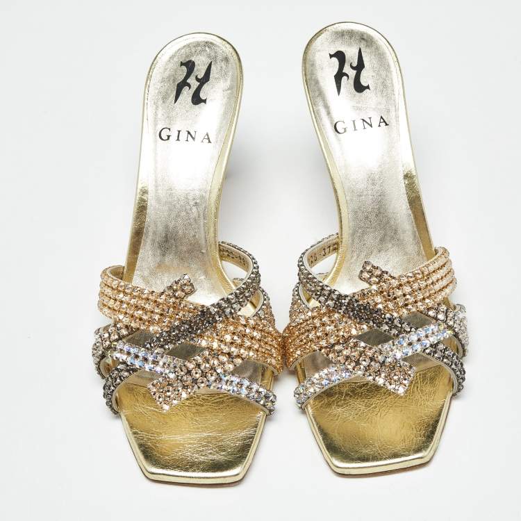 Pre Owned Gina Metallic Leather  Crystal Embellished Slide Sandals Size 37.5