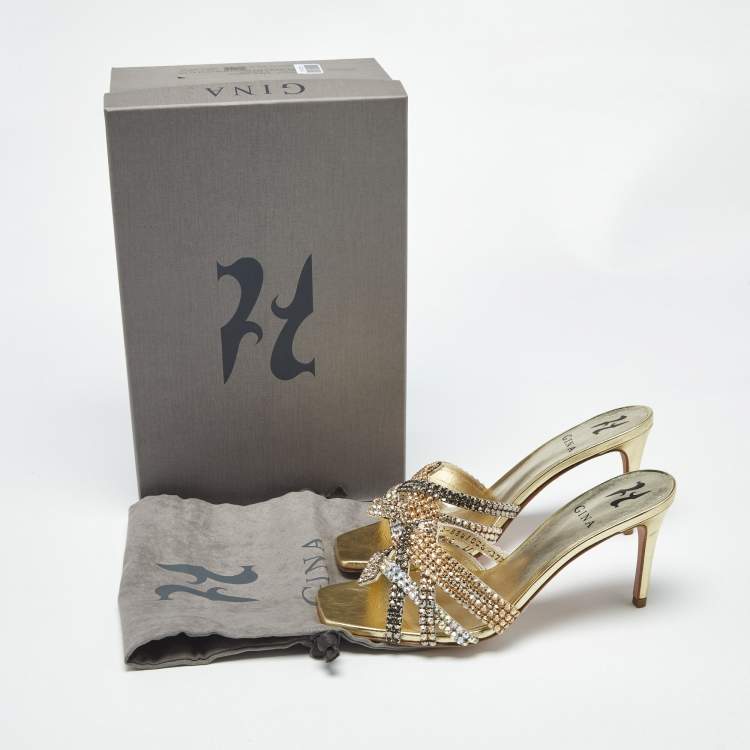 Pre Owned Gina Metallic Leather  Crystal Embellished Slide Sandals Size 37.5