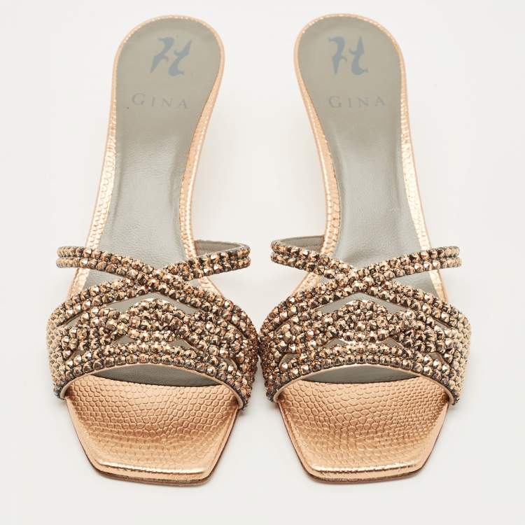 Pre Owned Gina Gold Leather Crystal Embellished Slide Sandals Size 41