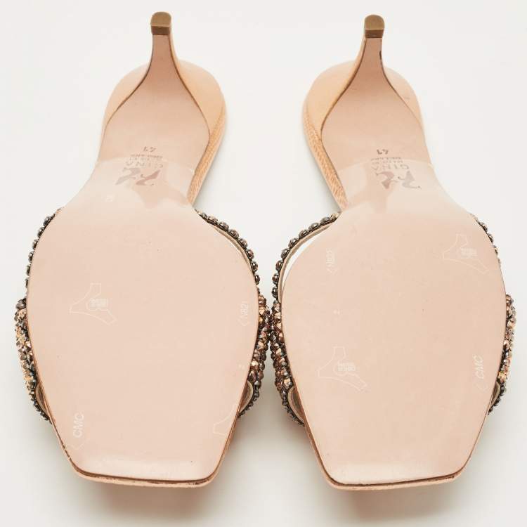 Pre Owned Gina Gold Leather Crystal Embellished Slide Sandals Size 41