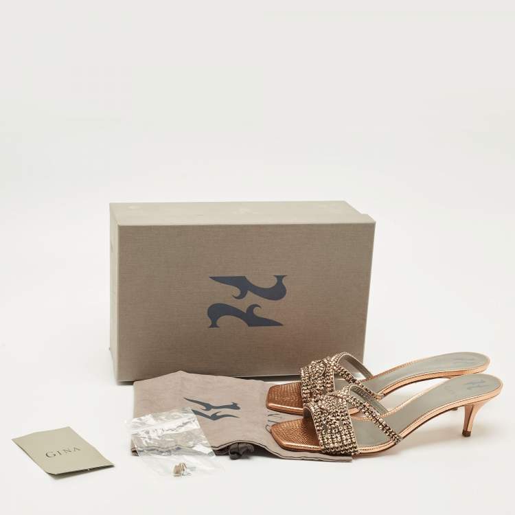 Pre Owned Gina Gold Leather Crystal Embellished Slide Sandals Size 41