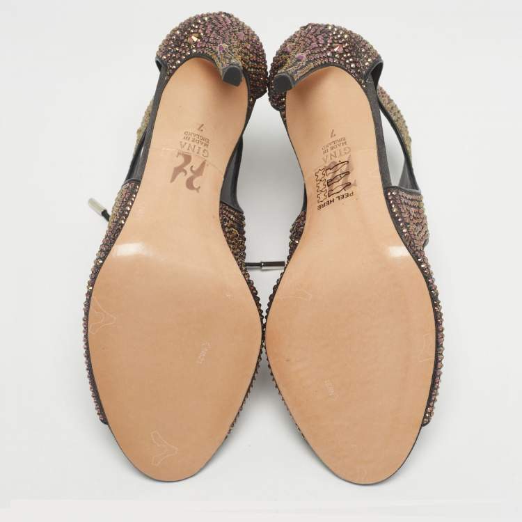 Pre Owned Gina Metallic Satin Crystal Embellished Cut Out Sandals Size 40