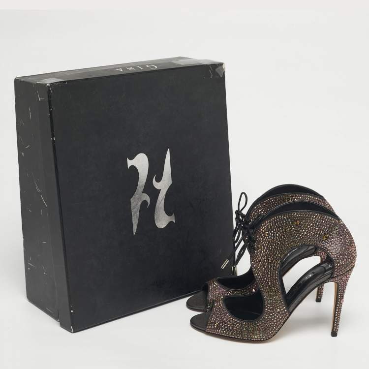 Pre Owned Gina Metallic Satin Crystal Embellished Cut Out Sandals Size 40