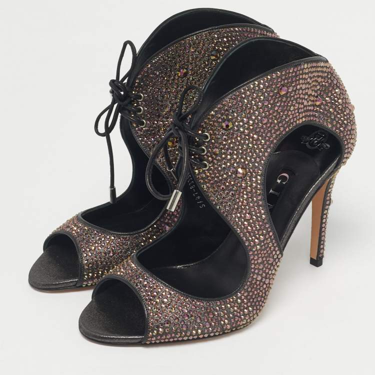 Pre Owned Gina Metallic Satin Crystal Embellished Cut Out Sandals Size 40