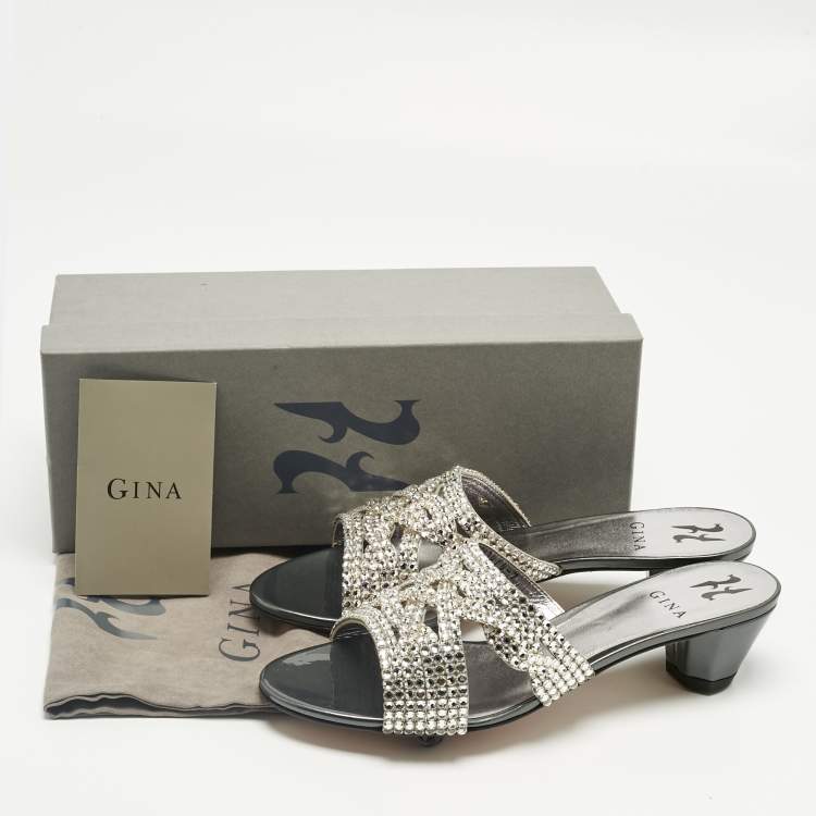 Pre Owned Gina Silver Leather Crystal Embellished Slide Sandals Size 40