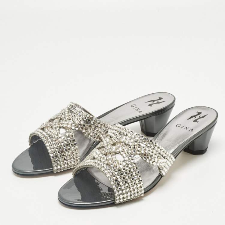Pre Owned Gina Silver Leather Crystal Embellished Slide Sandals Size 40