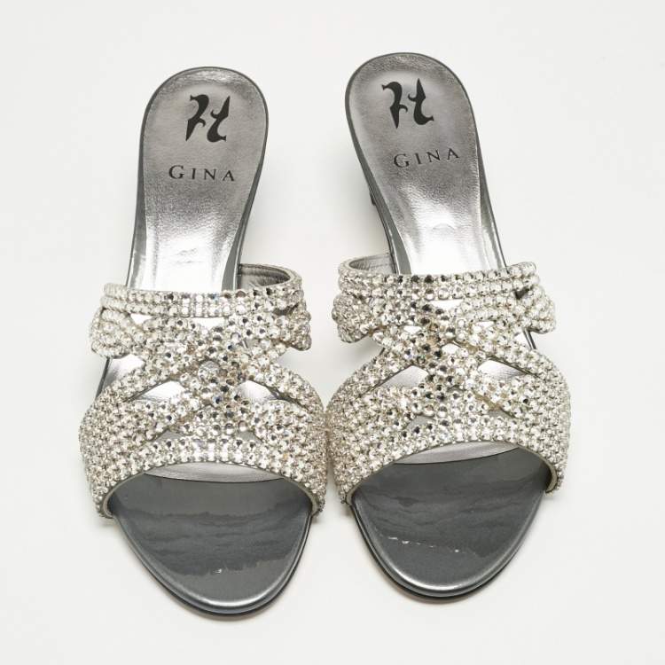 Pre Owned Gina Silver Leather Crystal Embellished Slide Sandals Size 40