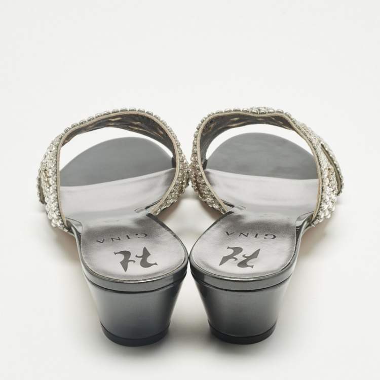 Pre Owned Gina Silver Leather Crystal Embellished Slide Sandals Size 40