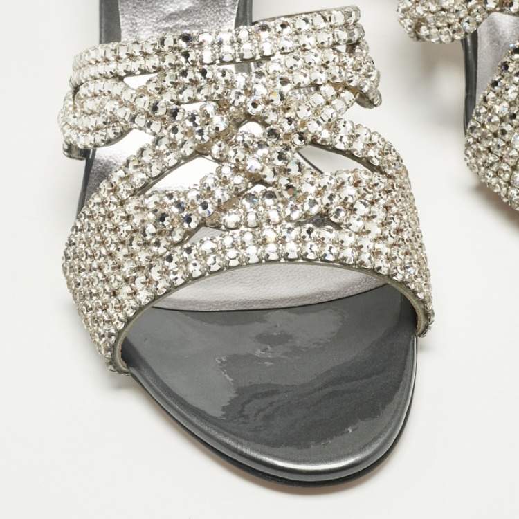 Pre Owned Gina Silver Leather Crystal Embellished Slide Sandals Size 40