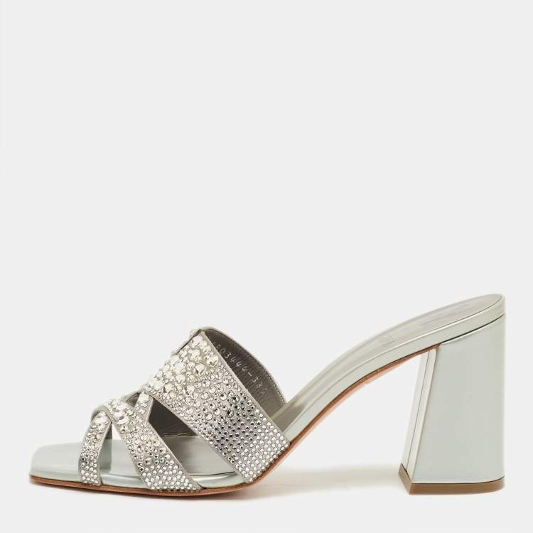 Pre Owned Gina Grey Glitter Satin Crystal Embellished Slide Sandals Size 38.5