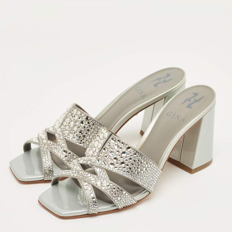 Pre Owned Gina Grey Glitter Satin Crystal Embellished Slide Sandals Size 38.5