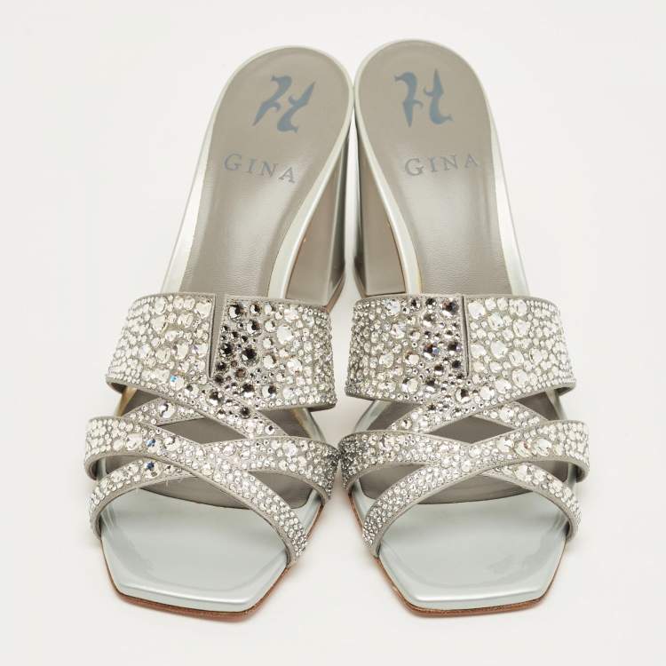 Pre Owned Gina Grey Glitter Satin Crystal Embellished Slide Sandals Size 38.5