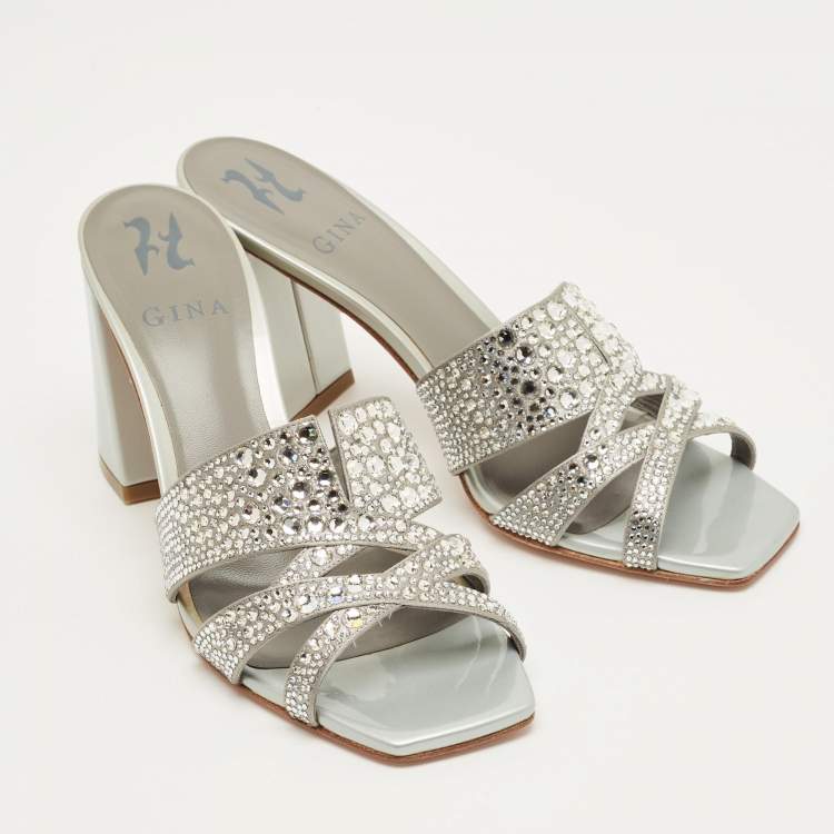 Pre Owned Gina Grey Glitter Satin Crystal Embellished Slide Sandals Size 38.5