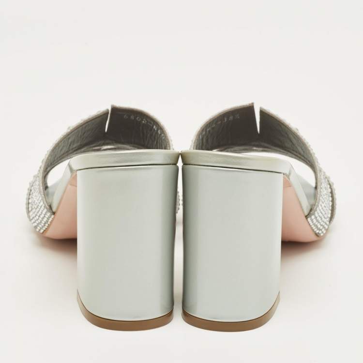 Pre Owned Gina Grey Glitter Satin Crystal Embellished Slide Sandals Size 38.5