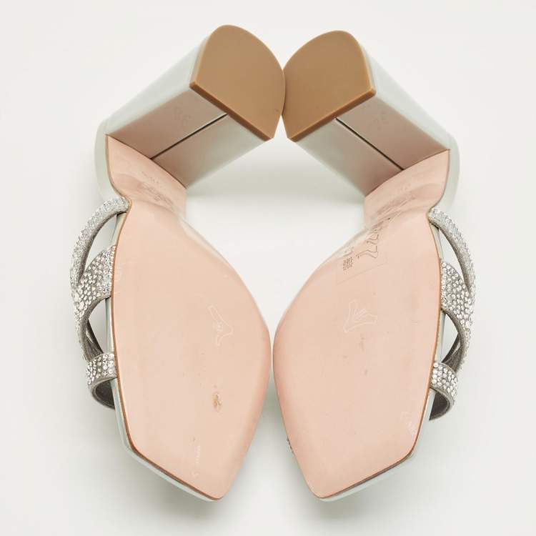 Pre Owned Gina Grey Glitter Satin Crystal Embellished Slide Sandals Size 38.5