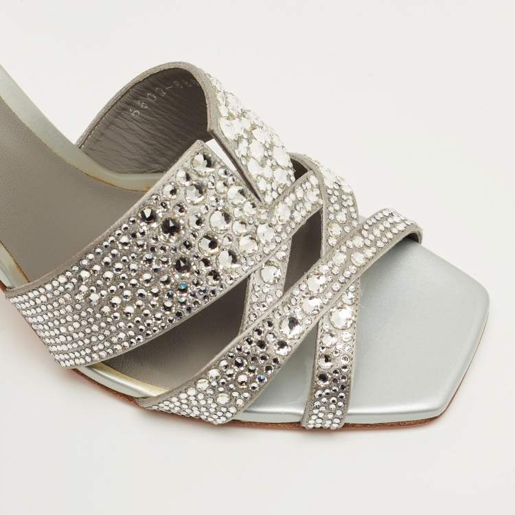 Pre Owned Gina Grey Glitter Satin Crystal Embellished Slide Sandals Size 38.5