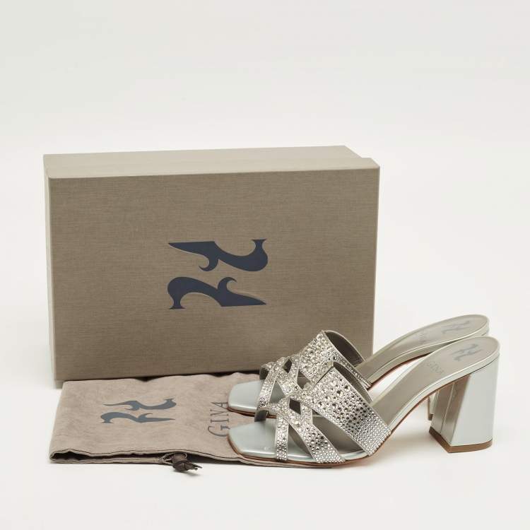 Pre Owned Gina Grey Glitter Satin Crystal Embellished Slide Sandals Size 38.5