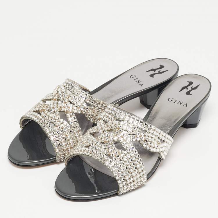 Pre Owned Gina Loren Size 40 Silver Croc Embossed Patent Leather Slide Sandals