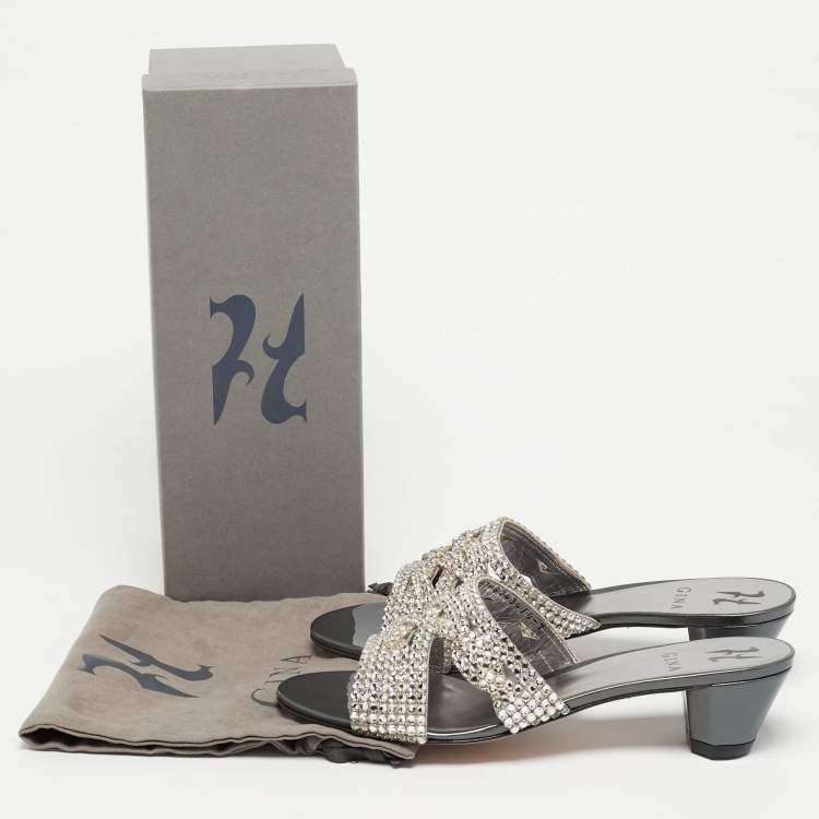 Pre Owned Gina Loren Size 40 Silver Croc Embossed Patent Leather Slide Sandals