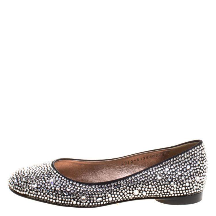 Pre Owned Gina Black Crystal Embellished Satin Ballet Flats Size 36
