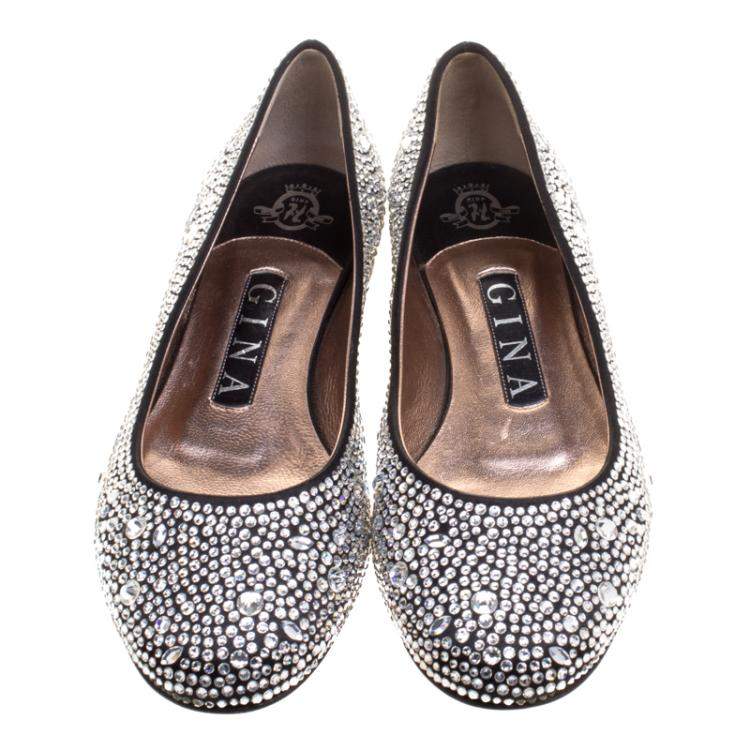 Pre Owned Gina Black Crystal Embellished Satin Ballet Flats Size 36
